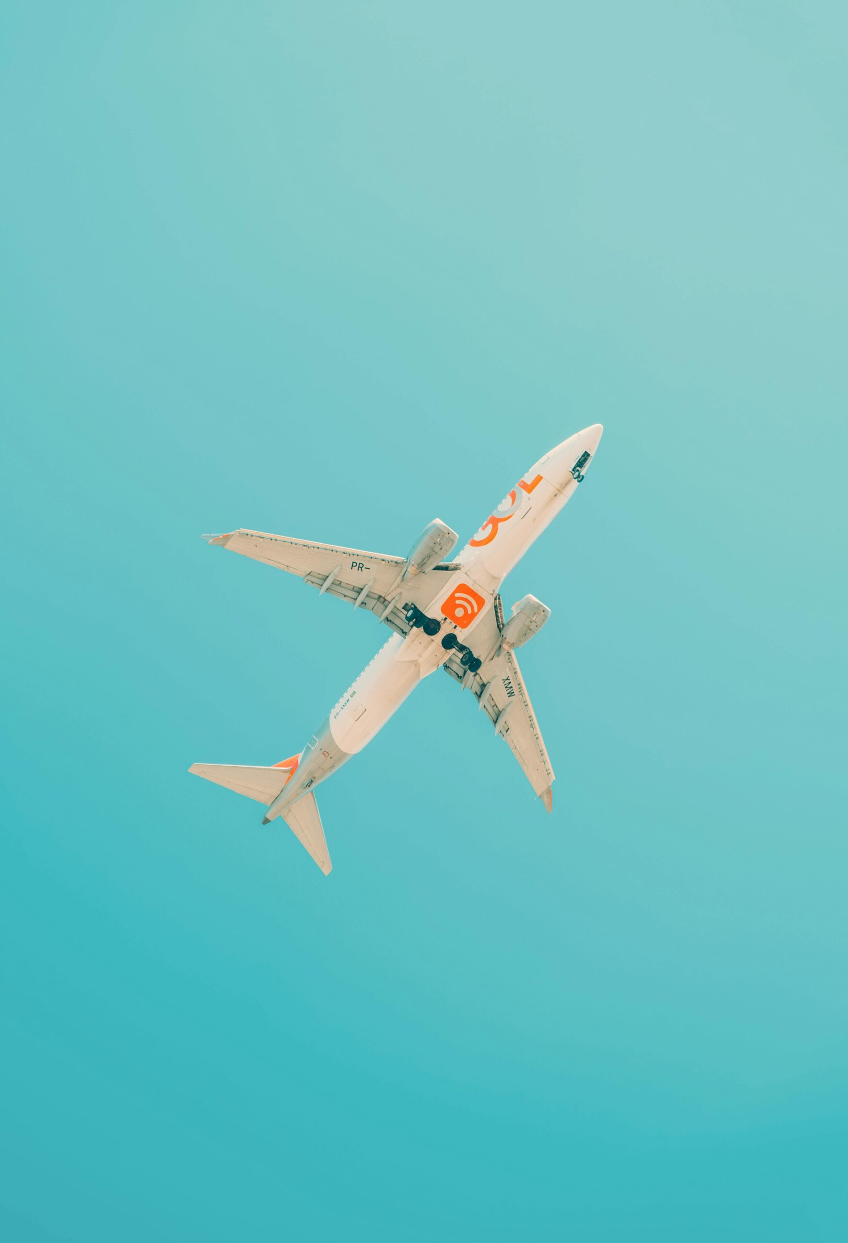 A commercial airplane flies above São Paulo with a clear blue sky, showcasing modern aviation.